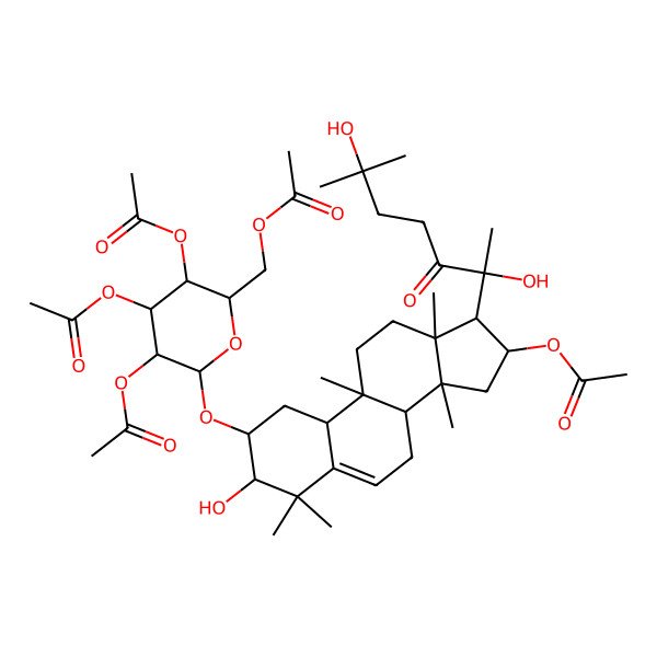 2D Structure of [(2R,3R,4S,5R,6R)-3,4,5-triacetyloxy-6-[[(2S,3R,8R,9R,10S,13R,14S,16R,17R)-16-acetyloxy-17-[(2R)-2,6-dihydroxy-6-methyl-3-oxoheptan-2-yl]-3-hydroxy-4,4,9,13,14-pentamethyl-2,3,7,8,10,11,12,15,16,17-decahydro-1H-cyclopenta[a]phenanthren-2-yl]oxy]oxan-2-yl]methyl acetate