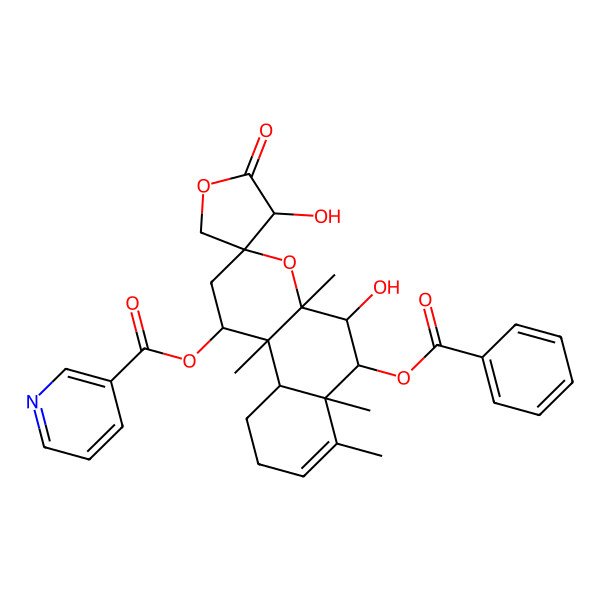 2D Structure of [(1S,3R,3'S,4aR,5S,6R,6aR,10aS,10bS)-6-benzoyloxy-3',5-dihydroxy-4a,6a,7,10b-tetramethyl-2'-oxospiro[2,5,6,9,10,10a-hexahydro-1H-benzo[f]chromene-3,4'-oxolane]-1-yl] pyridine-3-carboxylate