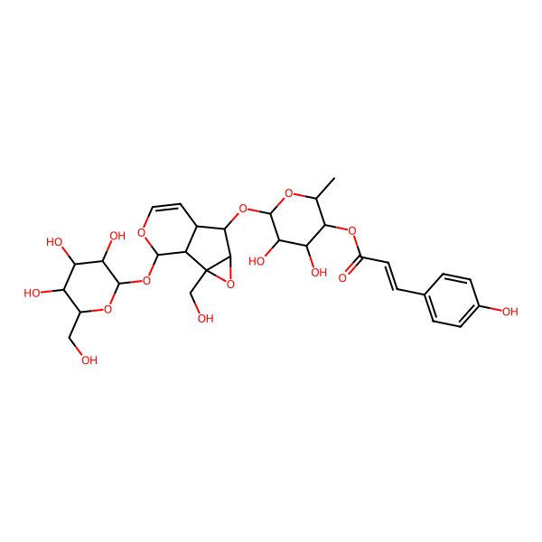 2D Structure of [(2S,3R,4S,5R,6S)-4,5-dihydroxy-6-[[(1S,2S,4S,5S,6R,10S)-2-(hydroxymethyl)-10-[(2S,3R,4S,5S,6R)-3,4,5-trihydroxy-6-(hydroxymethyl)oxan-2-yl]oxy-3,9-dioxatricyclo[4.4.0.02,4]dec-7-en-5-yl]oxy]-2-methyloxan-3-yl] (Z)-3-(4-hydroxyphenyl)prop-2-enoate