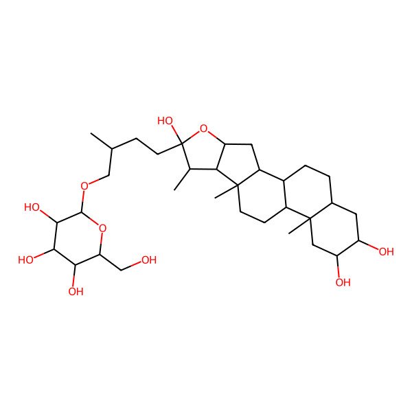 2D Structure of (1R,2R,4S,6S,7S,8R,9S,12S,13S,15S,16S,18R)-7,9,13-trimethyl-6-[(3R)-3-methyl-4-[(2R,3R,4S,5S,6R)-3,4,5-trihydroxy-6-(hydroxymethyl)oxan-2-yl]oxybutyl]-5-oxapentacyclo[10.8.0.02,9.04,8.013,18]icosane-6,15,16-triol