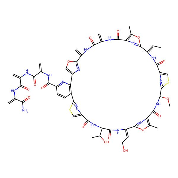 2D Structure of (14S,17Z,24R,31Z)-N-[3-[[3-[(3-amino-3-oxoprop-1-en-2-yl)amino]-3-oxoprop-1-en-2-yl]amino]-3-oxoprop-1-en-2-yl]-31-ethylidene-14-[(1R)-1-hydroxyethyl]-17-(2-hydroxyethylidene)-24-methoxy-20,34-dimethyl-38,41-dimethylidene-12,15,22,29,36,39-hexaoxo-19,33,43-trioxa-9,26-dithia-3,13,16,23,30,37,40,45,46,47,48,49-dodecazaheptacyclo[40.2.1.18,11.118,21.125,28.132,35.02,7]nonatetraconta-1(44),2(7),3,5,8(49),10,18(48),20,25(47),27,32(46),34,42(45)-tridecaene-4-carboxamide