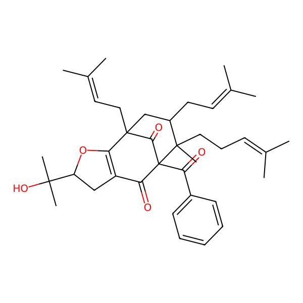 2D Structure of (1R,4R,8R,9R,10S)-8-benzoyl-4-(2-hydroxypropan-2-yl)-9-methyl-1,10-bis(3-methylbut-2-enyl)-9-(4-methylpent-3-enyl)-3-oxatricyclo[6.3.1.02,6]dodec-2(6)-ene-7,12-dione