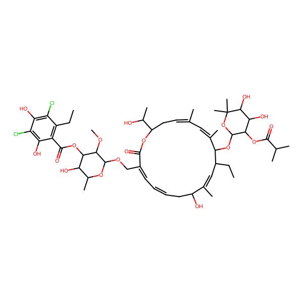 2D Structure of [2-[[12-[4,5-Dihydroxy-6,6-dimethyl-3-(2-methylpropanoyloxy)oxan-2-yl]oxy-11-ethyl-8-hydroxy-18-(1-hydroxyethyl)-9,13,15-trimethyl-2-oxo-1-oxacyclooctadeca-3,5,9,13,15-pentaen-3-yl]methoxy]-5-hydroxy-3-methoxy-6-methyloxan-4-yl] 3,5-dichloro-2-ethyl-4,6-dihydroxybenzoate