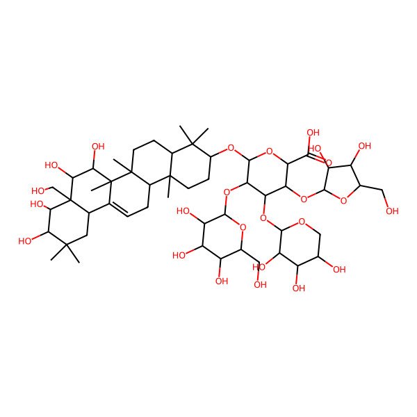 2D Structure of (2S,3S,4S,5R,6R)-6-[[(3S,4aR,6aR,6bS,7R,8S,8aS,9R,10R,12aS,14aR,14bR)-7,8,9,10-tetrahydroxy-8a-(hydroxymethyl)-4,4,6a,6b,11,11,14b-heptamethyl-1,2,3,4a,5,6,7,8,9,10,12,12a,14,14a-tetradecahydropicen-3-yl]oxy]-3-[(2S,3R,4R,5S)-3,4-dihydroxy-5-(hydroxymethyl)oxolan-2-yl]oxy-5-[(2S,3R,4S,5S,6R)-3,4,5-trihydroxy-6-(hydroxymethyl)oxan-2-yl]oxy-4-[(2S,3R,4S,5S)-3,4,5-trihydroxyoxan-2-yl]oxyoxane-2-carboxylic acid