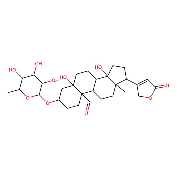 2D Structure of (3R,5S,8R,9S,10S,13R,14S,17R)-5,14-dihydroxy-13-methyl-17-(5-oxo-2H-furan-3-yl)-3-[(2R,3R,4R,5R,6R)-3,4,5-trihydroxy-6-methyloxan-2-yl]oxy-2,3,4,6,7,8,9,11,12,15,16,17-dodecahydro-1H-cyclopenta[a]phenanthrene-10-carbaldehyde