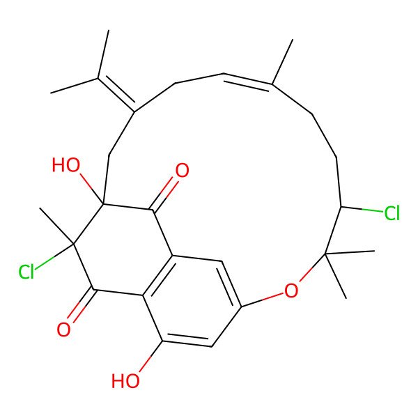 2D Structure of 4,13-Dichloro-12,16-dihydroxy-3,3,7,13-tetramethyl-10-propan-2-ylidene-2-oxatricyclo[10.5.3.015,19]icosa-1(18),7,15(19),16-tetraene-14,20-dione
