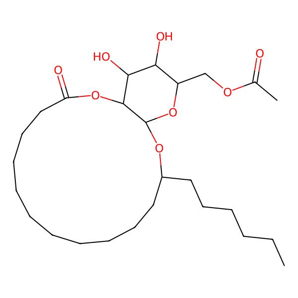 2D Structure of [(1R,14R,16R,18R,19S,20S)-14-hexyl-19,20-dihydroxy-3-oxo-2,15,17-trioxabicyclo[14.4.0]icosan-18-yl]methyl acetate