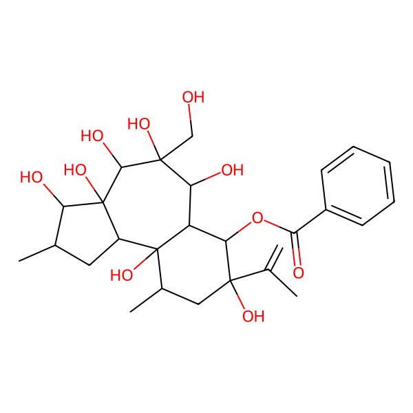 2D Structure of [(2S,3S,3aR,4S,5R,6S,6aS,7R,8R,10R,10aR,10bS)-3,3a,4,5,6,8,10a-heptahydroxy-5-(hydroxymethyl)-2,10-dimethyl-8-prop-1-en-2-yl-1,2,3,4,6,6a,7,9,10,10b-decahydrobenzo[e]azulen-7-yl] benzoate