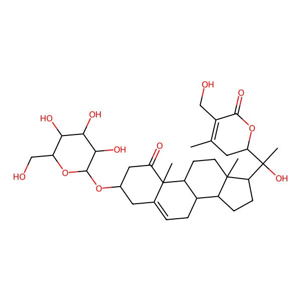 2D Structure of Ergosta-5,24-dien-26-oic acid, 3-(beta-D-glucopyranosyloxy)-20,22,27-trihydroxy-1-oxo-, delta-lactone, (3beta,22R)-