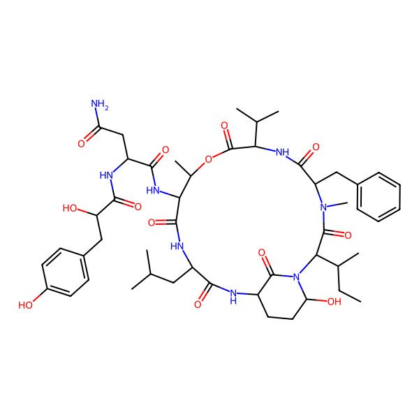 2D Structure of N-[5-benzyl-2-butan-2-yl-21-hydroxy-4,11-dimethyl-15-(2-methylpropyl)-3,6,9,13,16,22-hexaoxo-8-propan-2-yl-10-oxa-1,4,7,14,17-pentazabicyclo[16.3.1]docosan-12-yl]-2-[[2-hydroxy-3-(4-hydroxyphenyl)propanoyl]amino]butanediamide