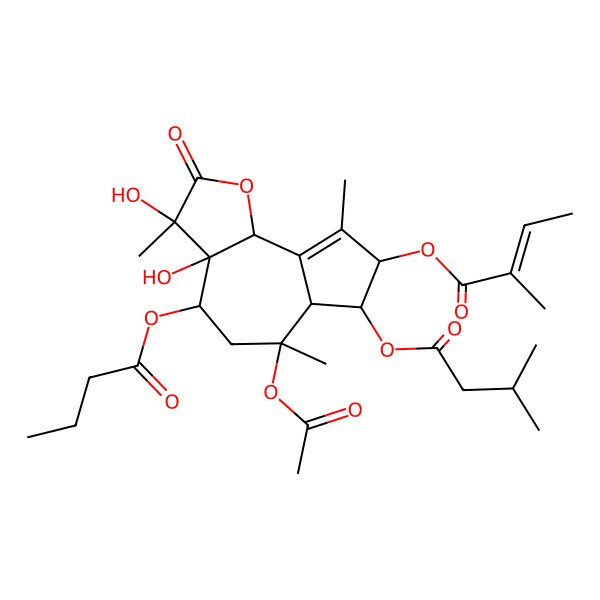 2D Structure of [(3R,3aS,4R,6R,6aS,7R,8R,9bR)-6-acetyloxy-4-butanoyloxy-3,3a-dihydroxy-3,6,9-trimethyl-7-(3-methylbutanoyloxy)-2-oxo-4,5,6a,7,8,9b-hexahydroazuleno[4,5-b]furan-8-yl] (Z)-2-methylbut-2-enoate