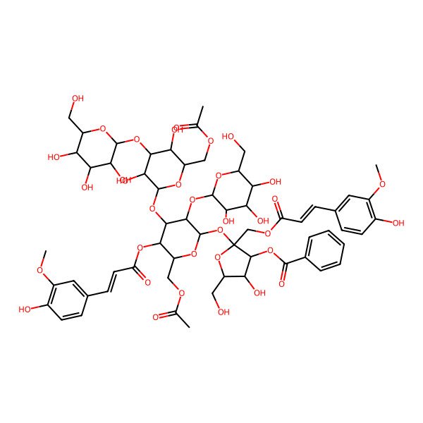 2D Structure of [(2S,3S,4R,5R)-2-[(2R,3R,4S,5R,6R)-6-(acetyloxymethyl)-4-[(2S,3R,4S,5R,6R)-6-(acetyloxymethyl)-3,5-dihydroxy-4-[(2S,3R,4S,5S,6R)-3,4,5-trihydroxy-6-(hydroxymethyl)oxan-2-yl]oxyoxan-2-yl]oxy-5-[(E)-3-(4-hydroxy-3-methoxyphenyl)prop-2-enoyl]oxy-3-[(2S,3R,4S,5S,6R)-3,4,5-trihydroxy-6-(hydroxymethyl)oxan-2-yl]oxyoxan-2-yl]oxy-4-hydroxy-2-[[(E)-3-(4-hydroxy-3-methoxyphenyl)prop-2-enoyl]oxymethyl]-5-(hydroxymethyl)oxolan-3-yl] benzoate