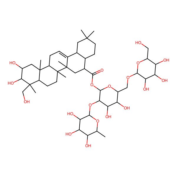 2D Structure of [(2S,3R,4S,5S,6R)-4,5-dihydroxy-6-[[(2R,3R,4S,5S,6R)-3,4,5-trihydroxy-6-(hydroxymethyl)oxan-2-yl]oxymethyl]-3-[(2S,3R,4R,5R,6S)-3,4,5-trihydroxy-6-methyloxan-2-yl]oxyoxan-2-yl] (4aS,5S,6aR,6aS,6bR,8aR,9R,10R,11S,12aR,14bR)-10,11-dihydroxy-9-(hydroxymethyl)-2,2,6a,6b,9,12a-hexamethyl-3,4,4a,5,6,6a,7,8,8a,10,11,12,13,14b-tetradecahydro-1H-picene-5-carboxylate