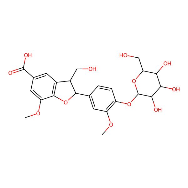 2D Structure of 3-(Hydroxymethyl)-7-methoxy-2-[3-methoxy-4-[3,4,5-trihydroxy-6-(hydroxymethyl)oxan-2-yl]oxyphenyl]-2,3-dihydro-1-benzofuran-5-carboxylic acid