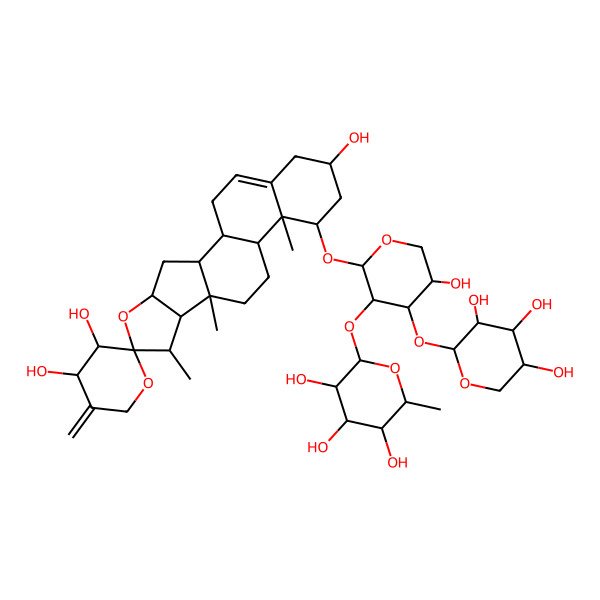 2D Structure of (1S,2S,3'S,4S,4'S,6S,7S,8R,9S,12S,13R,14R,16R)-14-[(2S,3R,4S,5S)-5-hydroxy-3-[(2S,3R,4R,5R,6S)-3,4,5-trihydroxy-6-methyloxan-2-yl]oxy-4-[(2S,3R,4S,5R)-3,4,5-trihydroxyoxan-2-yl]oxyoxan-2-yl]oxy-7,9,13-trimethyl-5'-methylidenespiro[5-oxapentacyclo[10.8.0.02,9.04,8.013,18]icos-18-ene-6,2'-oxane]-3',4',16-triol