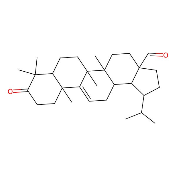 2D Structure of 5a,5b,8,8,11a-pentamethyl-9-oxo-1-propan-2-yl-2,3,4,5,6,7,7a,10,11,13,13a,13b-dodecahydro-1H-cyclopenta[a]chrysene-3a-carbaldehyde