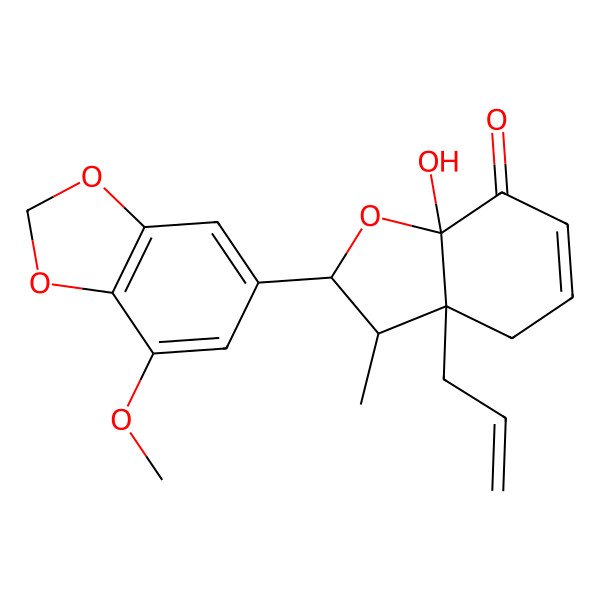 2D Structure of (2R,3S,3aS,7aS)-7a-hydroxy-2-(7-methoxy-1,3-benzodioxol-5-yl)-3-methyl-3a-prop-2-enyl-3,4-dihydro-2H-1-benzofuran-7-one