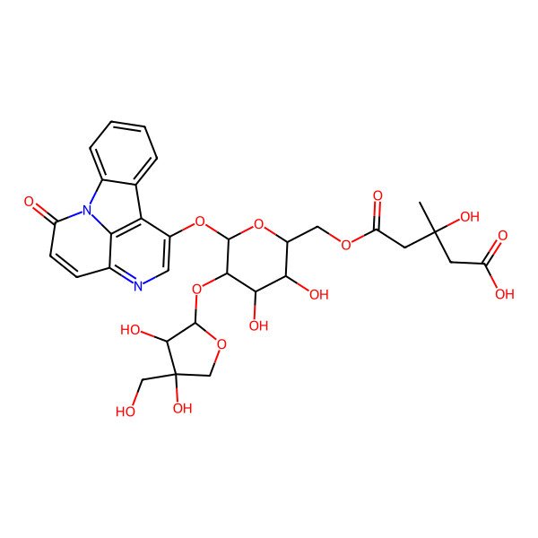 2D Structure of (3R)-5-[[(2R,3S,4S,5R,6S)-5-[(2S,3R,4R)-3,4-dihydroxy-4-(hydroxymethyl)oxolan-2-yl]oxy-3,4-dihydroxy-6-[(2-oxo-1,6-diazatetracyclo[7.6.1.05,16.010,15]hexadeca-3,5(16),6,8,10,12,14-heptaen-8-yl)oxy]oxan-2-yl]methoxy]-3-hydroxy-3-methyl-5-oxopentanoic acid