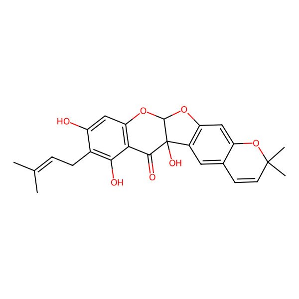 2D Structure of (1S,13R)-1,17,19-trihydroxy-7,7-dimethyl-18-(3-methylbut-2-enyl)-8,12,14-trioxapentacyclo[11.8.0.02,11.04,9.015,20]henicosa-2(11),3,5,9,15(20),16,18-heptaen-21-one