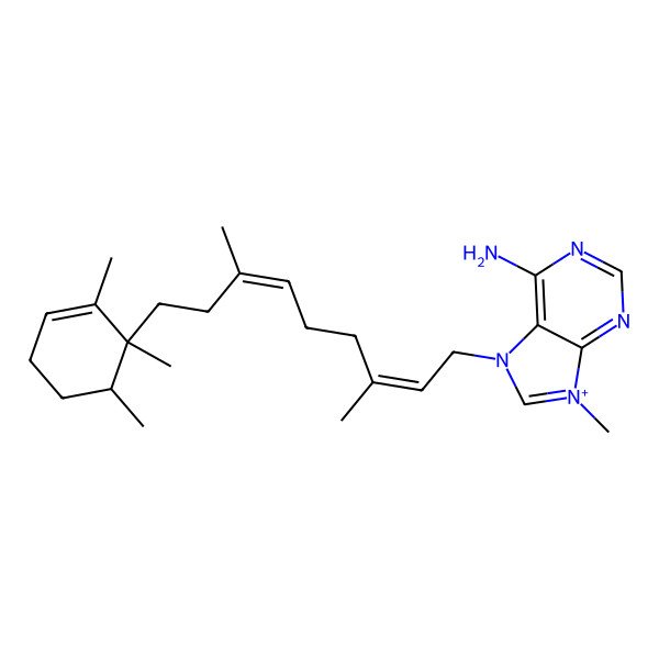 2D Structure of 7-[(2E)-3,7-dimethyl-9-[(1R,6S)-1,2,6-trimethylcyclohex-2-en-1-yl]nona-2,6-dienyl]-9-methylpurin-9-ium-6-amine