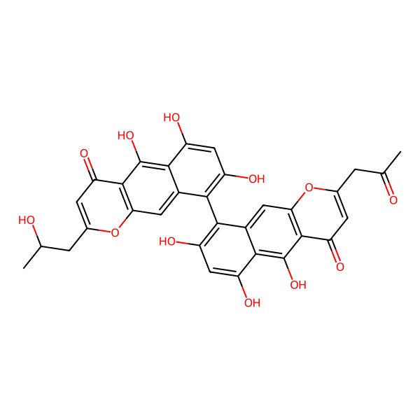 2D Structure of 5,6,8-trihydroxy-2-(2-hydroxypropyl)-9-[5,6,8-trihydroxy-4-oxo-2-(2-oxopropyl)benzo[g]chromen-9-yl]benzo[g]chromen-4-one