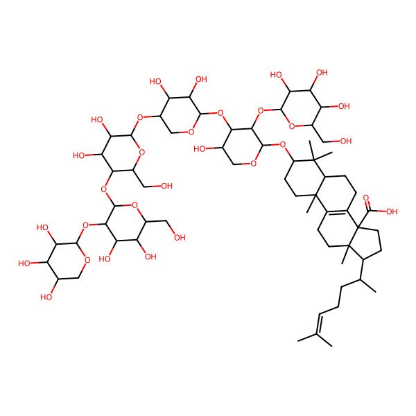 2D Structure of (3S,5S,10S,13R,14S,17R)-3-[(2S,3R,4S,5S)-4-[(2S,3R,4R,5S)-5-[(2S,3R,4R,5R,6R)-5-[(2R,3R,4S,5S,6R)-4,5-dihydroxy-6-(hydroxymethyl)-3-[(2S,3R,4S,5R)-3,4,5-trihydroxyoxan-2-yl]oxyoxan-2-yl]oxy-3,4-dihydroxy-6-(hydroxymethyl)oxan-2-yl]oxy-3,4-dihydroxyoxan-2-yl]oxy-5-hydroxy-3-[(2S,3R,4S,5S,6R)-3,4,5-trihydroxy-6-(hydroxymethyl)oxan-2-yl]oxyoxan-2-yl]oxy-4,4,10,13-tetramethyl-17-[(2R)-6-methylhept-5-en-2-yl]-2,3,5,6,7,11,12,15,16,17-decahydro-1H-cyclopenta[a]phenanthrene-14-carboxylic acid