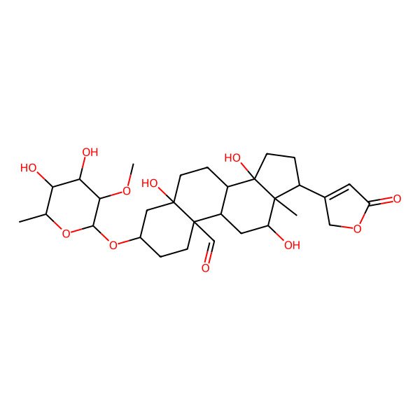 2D Structure of (3S,5S,8R,9S,10S,12R,13S,14S,17R)-3-[(2R,3R,4R,5S,6R)-4,5-dihydroxy-3-methoxy-6-methyloxan-2-yl]oxy-5,12,14-trihydroxy-13-methyl-17-(5-oxo-2H-furan-3-yl)-2,3,4,6,7,8,9,11,12,15,16,17-dodecahydro-1H-cyclopenta[a]phenanthrene-10-carbaldehyde