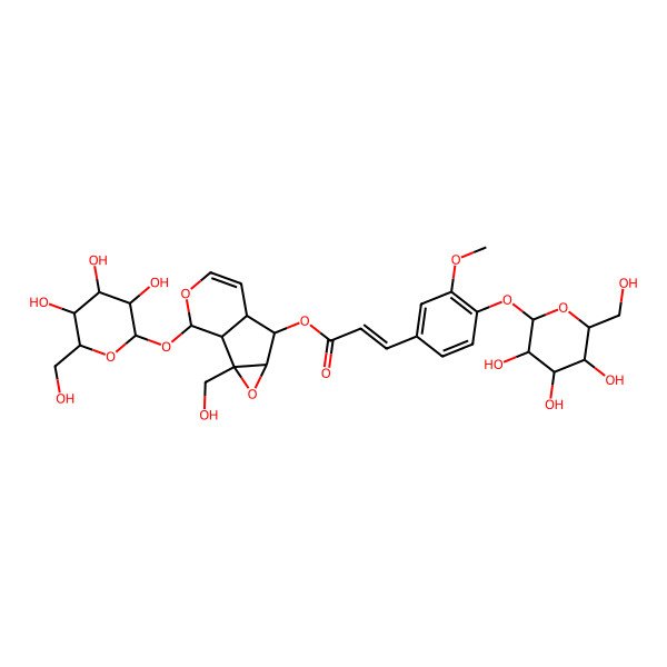2D Structure of [(1S,2S,4S,5S,6R,10S)-2-(hydroxymethyl)-10-[(2S,3R,4S,5S,6R)-3,4,5-trihydroxy-6-(hydroxymethyl)oxan-2-yl]oxy-3,9-dioxatricyclo[4.4.0.02,4]dec-7-en-5-yl] (E)-3-[3-methoxy-4-[(2S,3R,4S,5S,6R)-3,4,5-trihydroxy-6-(hydroxymethyl)oxan-2-yl]oxyphenyl]prop-2-enoate