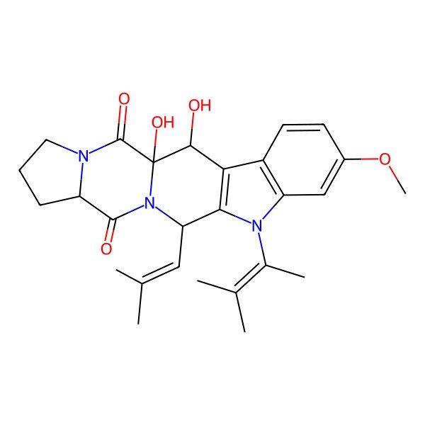 2D Structure of 1,2-Dihydroxy-7-methoxy-10-(3-methylbut-2-en-2-yl)-12-(2-methylprop-1-enyl)-10,13,19-triazapentacyclo[11.7.0.03,11.04,9.015,19]icosa-3(11),4(9),5,7-tetraene-14,20-dione