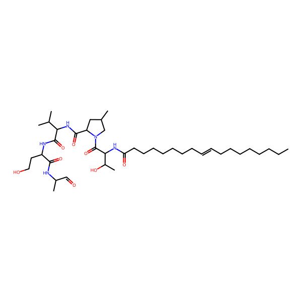 2D Structure of (2S,4R)-1-[(2S,3R)-3-hydroxy-2-(octadec-9-enoylamino)butanoyl]-N-[(2S)-1-[[(2S)-4-hydroxy-1-oxo-1-[[(2S)-1-oxopropan-2-yl]amino]butan-2-yl]amino]-3-methyl-1-oxobutan-2-yl]-4-methylpyrrolidine-2-carboxamide