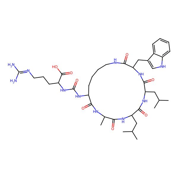 2D Structure of 5-(diaminomethylideneamino)-2-[[3-(1H-indol-3-ylmethyl)-12-methyl-6,9-bis(2-methylpropyl)-2,5,8,11,14-pentaoxo-1,4,7,10,13-pentazacyclononadec-15-yl]carbamoylamino]pentanoic acid