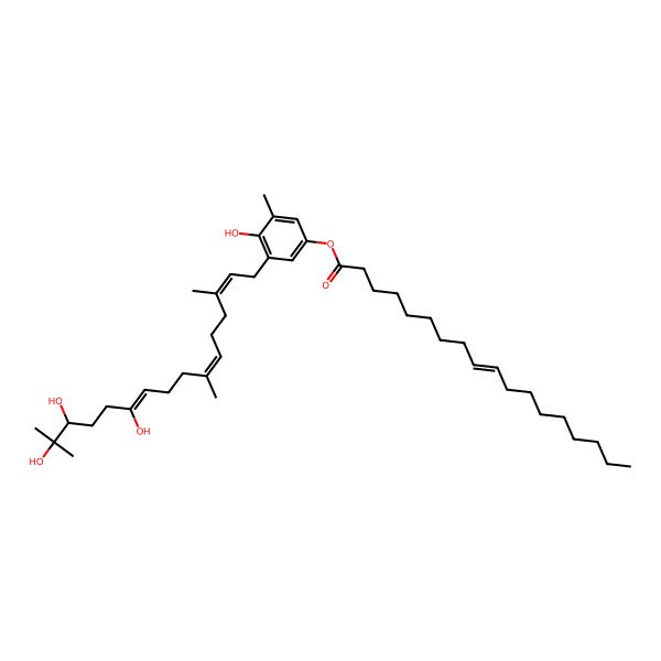 2D Structure of [4-hydroxy-3-methyl-5-[(2E,6E,10Z,14R)-11,14,15-trihydroxy-3,7,15-trimethylhexadeca-2,6,10-trienyl]phenyl] (Z)-octadec-9-enoate