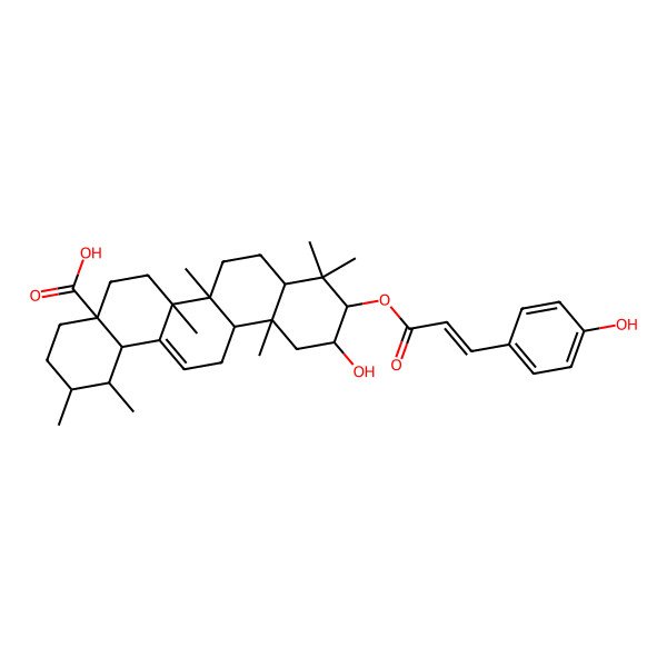 2D Structure of (1S,4aS,6bR,12aR,14bS)-11-hydroxy-10-[(E)-3-(4-hydroxyphenyl)prop-2-enoyl]oxy-1,2,6a,6b,9,9,12a-heptamethyl-2,3,4,5,6,6a,7,8,8a,10,11,12,13,14b-tetradecahydro-1H-picene-4a-carboxylic acid