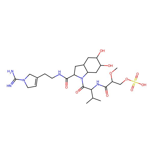 2D Structure of [(2R)-3-[[(2S)-1-[(2S,3aR,5S,6S,7aS)-2-[2-(1-carbamimidoyl-2,5-dihydropyrrol-3-yl)ethylcarbamoyl]-5,6-dihydroxy-2,3,3a,4,5,6,7,7a-octahydroindol-1-yl]-3-methyl-1-oxobutan-2-yl]amino]-2-methoxy-3-oxopropyl] hydrogen sulfate