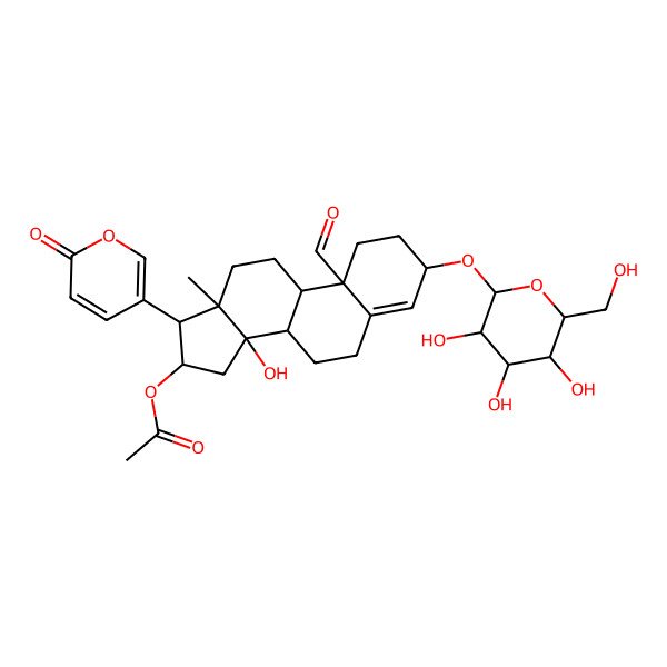 2D Structure of [(3S,8R,9S,10S,13R,14S,16R,17R)-10-formyl-14-hydroxy-13-methyl-17-(6-oxopyran-3-yl)-3-[(2R,3R,4S,5S,6R)-3,4,5-trihydroxy-6-(hydroxymethyl)oxan-2-yl]oxy-1,2,3,6,7,8,9,11,12,15,16,17-dodecahydrocyclopenta[a]phenanthren-16-yl] acetate