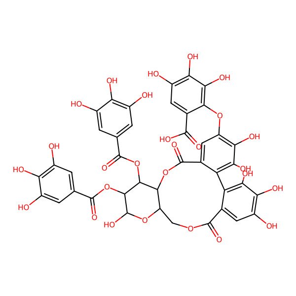 2D Structure of 2-[[(10R,11S,12R,13R,15R)-3,4,13,21,22,23-hexahydroxy-8,18-dioxo-11,12-bis[(3,4,5-trihydroxybenzoyl)oxy]-9,14,17-trioxatetracyclo[17.4.0.02,7.010,15]tricosa-1(23),2,4,6,19,21-hexaen-5-yl]oxy]-3,4,5-trihydroxybenzoic acid