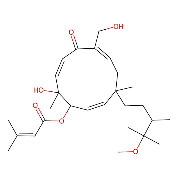 2D Structure of [(1R,4S,11R)-11-hydroxy-7-(hydroxymethyl)-4-[(3R)-4-methoxy-3,4-dimethylpentyl]-4,11-dimethyl-8-oxocycloundeca-2,6,9-trien-1-yl] 3-methylbut-2-enoate