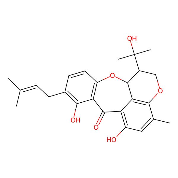 2D Structure of (1S,17S)-7,11-dihydroxy-17-(2-hydroxypropan-2-yl)-13-methyl-6-(3-methylbut-2-enyl)-2,15-dioxatetracyclo[8.7.1.03,8.014,18]octadeca-3(8),4,6,10,12,14(18)-hexaen-9-one