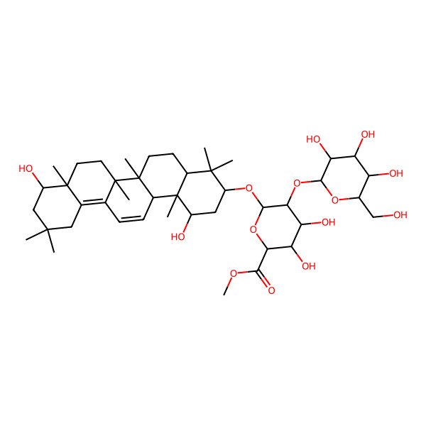 2D Structure of Methyl 6-[(1,9-dihydroxy-4,4,6a,6b,8a,11,11,14b-octamethyl-1,2,3,4a,5,6,7,8,9,10,12,14a-dodecahydropicen-3-yl)oxy]-3,4-dihydroxy-5-[3,4,5-trihydroxy-6-(hydroxymethyl)oxan-2-yl]oxyoxane-2-carboxylate