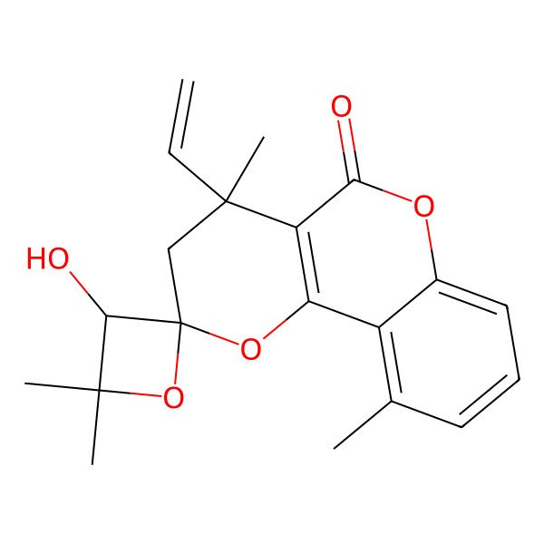 2D Structure of (2S,3'S,4R)-4-ethenyl-3'-hydroxy-4,4',4',10-tetramethylspiro[3H-pyrano[3,2-c]chromene-2,2'-oxetane]-5-one