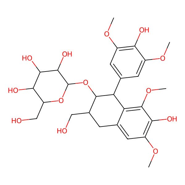 2D Structure of (2R,3R,4S,5S,6R)-2-[[(1S,2R,3S)-7-hydroxy-1-(4-hydroxy-3,5-dimethoxyphenyl)-3-(hydroxymethyl)-6,8-dimethoxy-1,2,3,4-tetrahydronaphthalen-2-yl]oxy]-6-(hydroxymethyl)oxane-3,4,5-triol