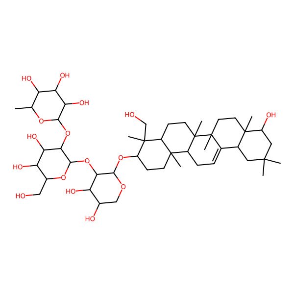 2D Structure of (2S,3R,4R,5R,6S)-2-[(2S,3R,4S,5R,6R)-2-[(2S,3R,4S,5S)-2-[[(3S,4S,4aR,6aR,6bS,8aR,9R,12aS,14aR,14bR)-9-hydroxy-4-(hydroxymethyl)-4,6a,6b,8a,11,11,14b-heptamethyl-1,2,3,4a,5,6,7,8,9,10,12,12a,14,14a-tetradecahydropicen-3-yl]oxy]-4,5-dihydroxyoxan-3-yl]oxy-4,5-dihydroxy-6-(hydroxymethyl)oxan-3-yl]oxy-6-methyloxane-3,4,5-triol