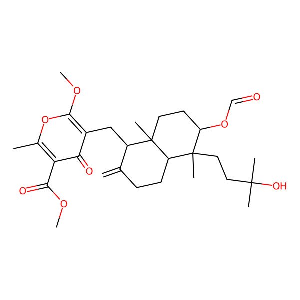 2D Structure of methyl 5-[[6-formyloxy-5-(3-hydroxy-3-methylbutyl)-5,8a-dimethyl-2-methylidene-3,4,4a,6,7,8-hexahydro-1H-naphthalen-1-yl]methyl]-6-methoxy-2-methyl-4-oxopyran-3-carboxylate