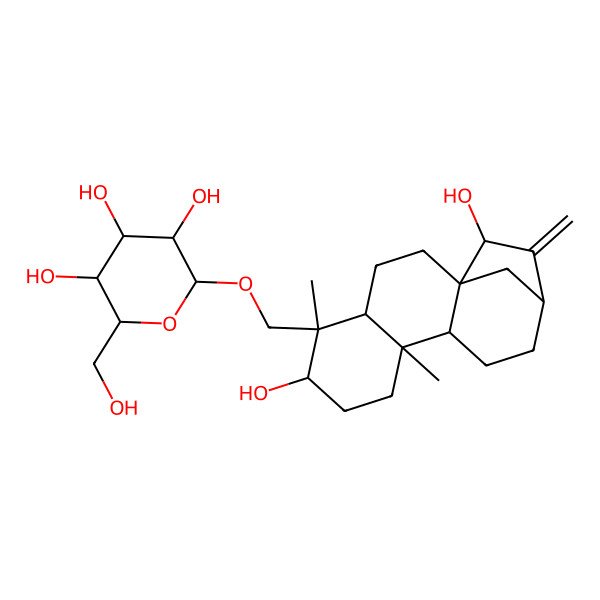 2D Structure of (2R,3R,4S,5S,6R)-2-[[(1R,4S,5S,6R,9S,10S,13R,15R)-6,15-dihydroxy-5,9-dimethyl-14-methylidene-5-tetracyclo[11.2.1.01,10.04,9]hexadecanyl]methoxy]-6-(hydroxymethyl)oxane-3,4,5-triol