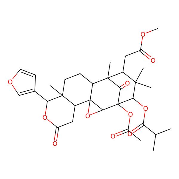 2D Structure of [(1S,2S,4S,9R,10R,14S,15S,17S)-1-acetyloxy-9-(furan-3-yl)-15-(2-methoxy-2-oxoethyl)-10,14,16,16-tetramethyl-7,18-dioxo-3,8-dioxapentacyclo[12.3.1.02,4.04,13.05,10]octadecan-17-yl] 2-methylpropanoate