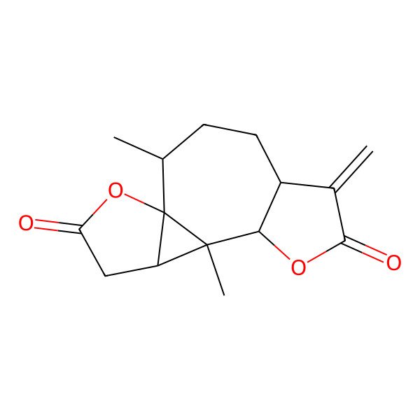 2D Structure of (3aS,6S,6aR,9aR,9bS,9cR)-Octahydro-6,9b-dimethyl-3-methylene-4H-furo[3a(2)a(2),2a(2)a(2):6a(2),7a(2)]cyclohepta[1a(2),2a(2):1,3]cyclopropa[1,2-b]furan-2,8-dione