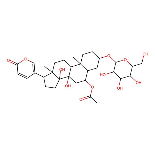 2D Structure of [(3S,5S,6R,8S,9R,10S,13R,14R,17R)-8,14-dihydroxy-10,13-dimethyl-17-(6-oxopyran-3-yl)-3-[(2R,3R,4S,5S,6R)-3,4,5-trihydroxy-6-(hydroxymethyl)oxan-2-yl]oxy-2,3,4,5,6,7,9,11,12,15,16,17-dodecahydro-1H-cyclopenta[a]phenanthren-6-yl] acetate
