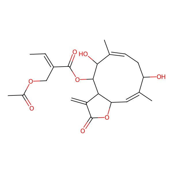 2D Structure of [(3aS,4R,5R,6E,9R,10Z,11aR)-5,9-dihydroxy-6,10-dimethyl-3-methylidene-2-oxo-3a,4,5,8,9,11a-hexahydrocyclodeca[b]furan-4-yl] (E)-2-(acetyloxymethyl)but-2-enoate