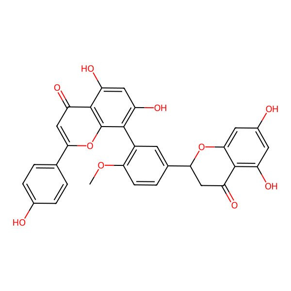 2D Structure of 8-[5-[(2S)-5,7-dihydroxy-4-oxo-2,3-dihydrochromen-2-yl]-2-methoxyphenyl]-5,7-dihydroxy-2-(4-hydroxyphenyl)chromen-4-one