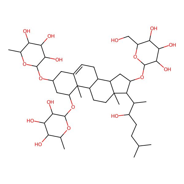 2D Structure of 2-[[17-(3-hydroxy-6-methylheptan-2-yl)-10,13-dimethyl-16-[3,4,5-trihydroxy-6-(hydroxymethyl)oxan-2-yl]oxy-1-(3,4,5-trihydroxy-6-methyloxan-2-yl)oxy-2,3,4,7,8,9,11,12,14,15,16,17-dodecahydro-1H-cyclopenta[a]phenanthren-3-yl]oxy]-6-methyloxane-3,4,5-triol
